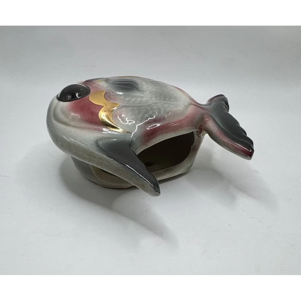 Vtg 1950 MCM Fish Wall Pocket Anthropomorphic Maroon Black Gold Planter Ceramic